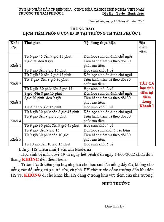 Thông báo lịch tiêm của học sinh Trường TH Tam Phước 1