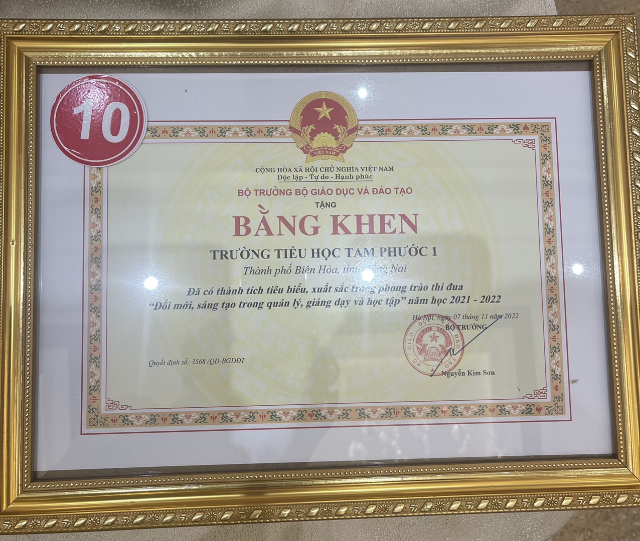 Trường TH Tam Phước 1 vinh dự nhận bằng khen của Bộ giáo dục và Đào tạo