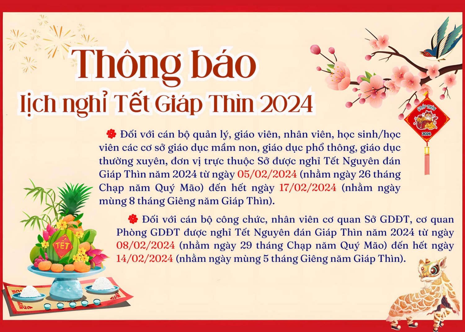 Lịch nghỉ Tết Nguyên đán Giáp Thìn 2024 của học sinh Tỉnh Đồng Nai